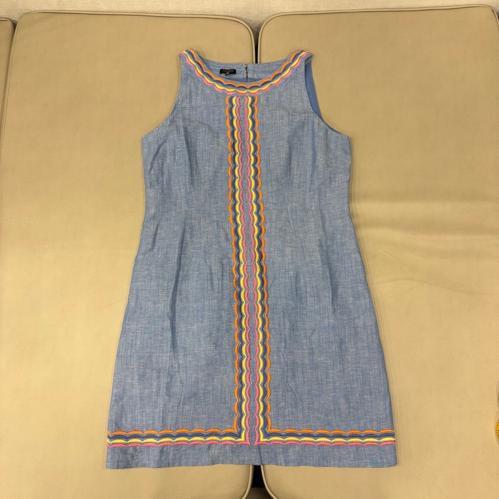 Talbots Petite Blue Linen Cotton Embroidered Sheath Dress 8P Sleeveless Ric Rac‎